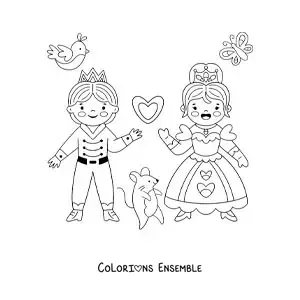 Image à colorier de Cendrillon kawaii avec le prince et une souris en dessin animé