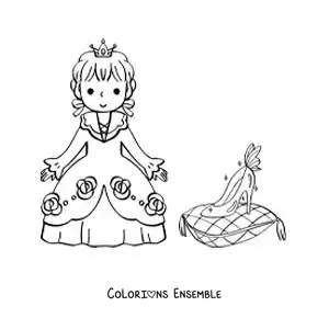 Image à colorier de Cendrillon kawaii avec la pantoufle de verre