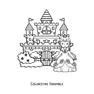 Image à colorier de Cendrillon kawaii au château