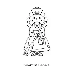 Image à colorier de Cendrillon kawaii qui fait le ménage