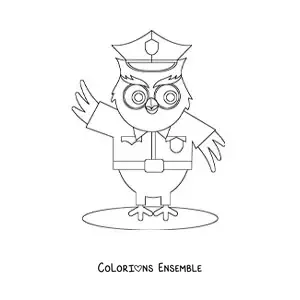 Image à colorier d’un hibou en dessin animé portant un uniforme de policier