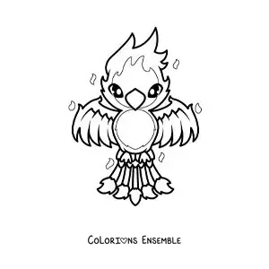 Image à colorier d'un phénix kawaii en flammes