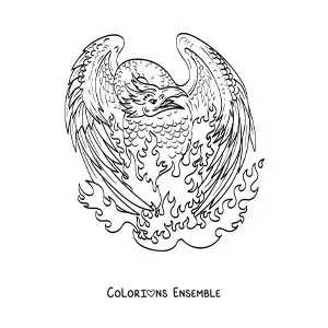 Image à colorier d'un phénix en flammes renaissant