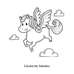 Image à colorier de Pégase kawaii en vol