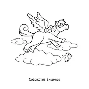 Image à colorier de Pégase de la mythologie en dessin animé, en vol