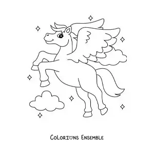 Image à colorier de Pégase magique en dessin animé, en vol