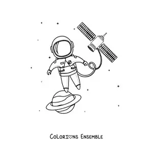 Image à colorier d’un astronaute flottant dans l’espace près d’un satellite