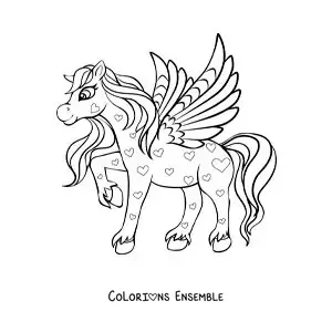 Image à colorier d'un magnifique Pégase ailé avec des cœurs