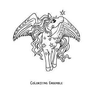 Image à colorier d'un magnifique Pégase magique en dessin animé