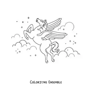 Image à colorier de Pégase magique volant dans le ciel
