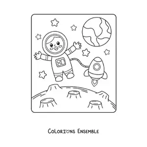 Image à colorier d’un astronaute en dessin animé avec une fusée sur la Lune