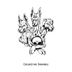 Image à colorier de Cerbère, le gardien des Enfers, avec un crâne