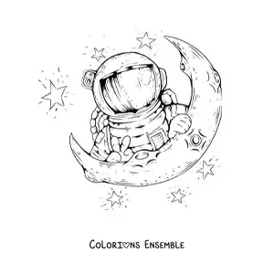 Image à colorier d’un astronaute apparaissant au-dessus d’une demi-Lune