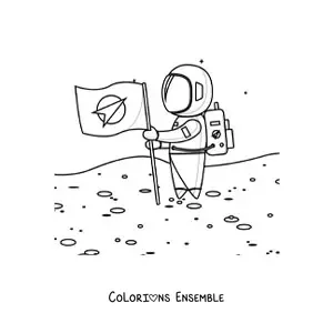 Image à colorier d’un astronaute plantant un drapeau sur la Lune