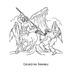 Image à colorier d'un centaure guerrier en plein combat