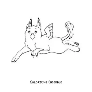 Image à colorier d'un griffon mythologique en version animée, couché