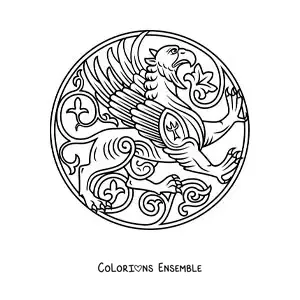 Image à colorier d'un emblème avec un griffon de la mythologie