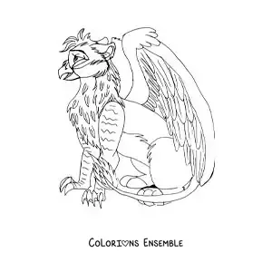 Image à colorier d'un griffon en version animée, assis