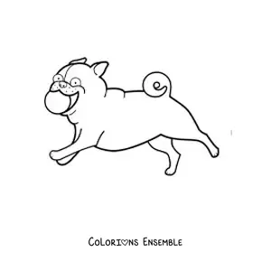 Image à colorier d’un carlin courant en mordillant une balle