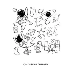 Image à colorier de deux astronautes en dessin animé entourés de fusées et d’étoiles