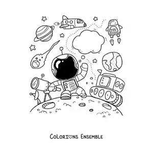 Image à colorier d’un astronaute en dessin animé entouré de planètes