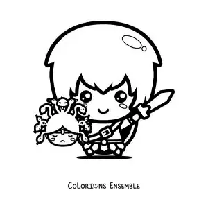 Image à colorier de Persée kawaii tenant la tête de Méduse