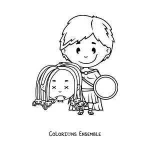 Image à colorier de Persée en version animée tenant la tête de Méduse