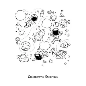 Image à colorier de trois astronautes en dessin animé et de vaisseaux spatiaux