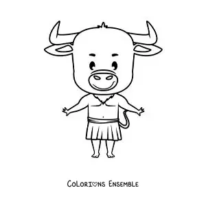 Image à colorier d'un Minotaure en version animée kawaii