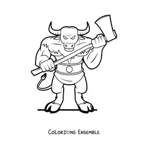 Image à colorier du Minotaure du labyrinthe avec une arme