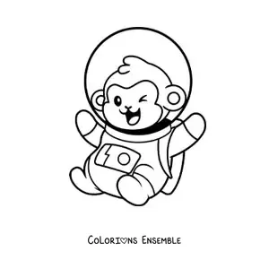 Image à colorier d’un singe astronaute en dessin animé qui fait un clin d’œil