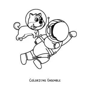 Image à colorier d’un chien avec un casque spatial à côté d’un astronaute en dessin animé