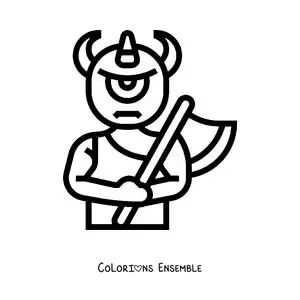 Image à colorier d'un cyclope de la mythologie en version animée, avec une hache