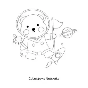 Image à colorier d’un ours astronaute en dessin animé dans l’espace
