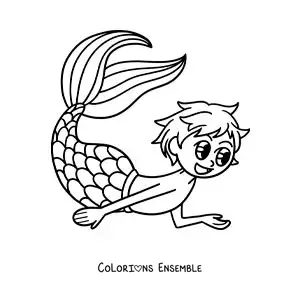 Image à colorier d'un triton kawaii et mignon en train de nager