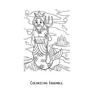 Image à colorier du roi Triton dans la mer