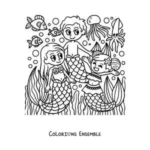 Image à colorier de deux sirènes et d'un triton dans la mer