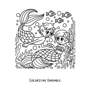 Image à colorier d’un couple formé d’un triton et d’une sirène