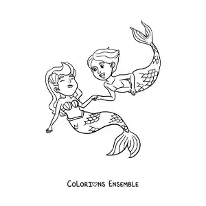 Image à colorier d’une sirène et d’un triton