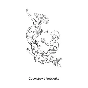 Image à colorier de deux sirènes et d’un triton en train de jouer