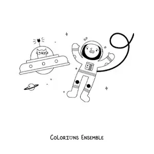 Image à colorier d’un astronaute et d’un chat de l’espace en dessin animé