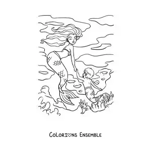 Image à colorier d’un couple formé d’un triton et d’une sirène qui nagent dans la mer