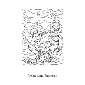 Image à colorier d’un triton et d’une sirène qui jouent de la musique dans la mer
