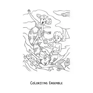 Image à colorier de deux sirènes et d’un triton en train de jouer dans la mer