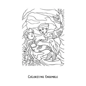Image à colorier d’une sirène et d’un triton dans la mer