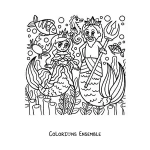 Image à colorier du dieu Triton et d’une sirène en version dessin animé