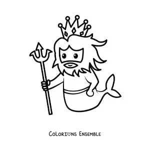 Image à colorier du dieu Triton de la mythologie grecque, en style kawaii tout mignon