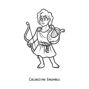 Image à colorier du dieu grec Apollon en version dessin animé, avec sa lyre et son arc