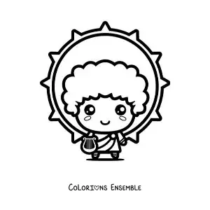 Image à colorier du dieu Apollon et du Soleil, en version dessin animé kawaii