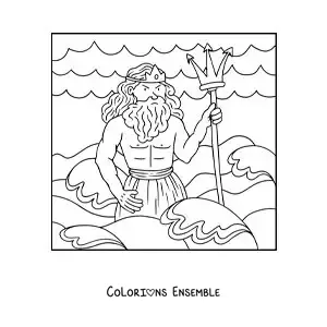 Image à colorier du dieu Poséidon dans la mer, en version dessin animé